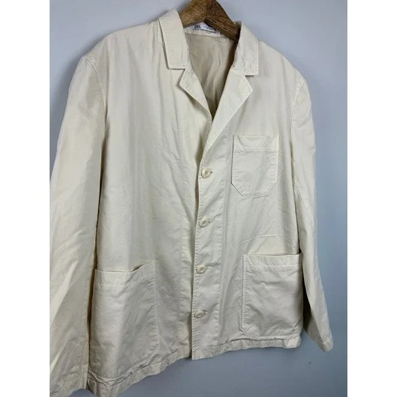 Zara Mens XL Cream Cotton Chore Jacket Blazer Utility Workwear Off White Coat - Picture 2 of 5
